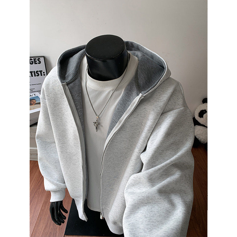 双拉链拼色开衫卫衣男款春秋高级感美式高街重磅硬挺潮牌连帽外套