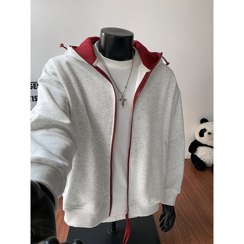 潮牌美式重磅开衫连帽卫衣男女款秋冬季宽松大码百搭撞色情侣外套