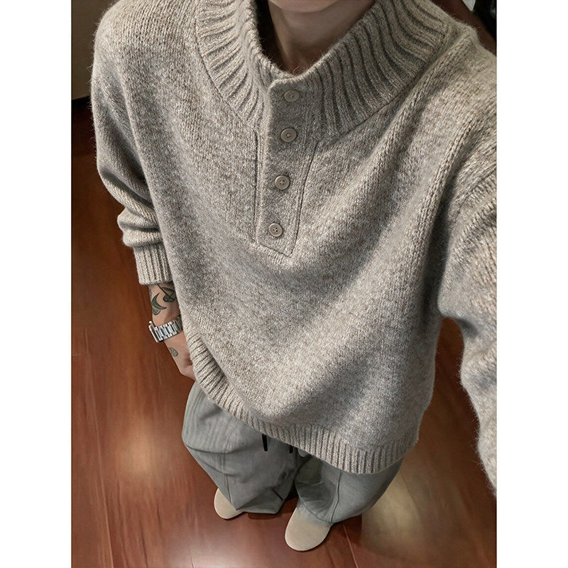 安初七老钱风高领半开扣针织衫套头毛衣潮男冬季美式复古宽松线衣