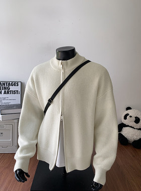 立领纯色开衫毛衣男款秋冬松弛感潮牌针织衫百搭外穿拉链线衣外套