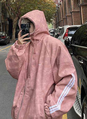 美式三条杠连帽皮衣棉服男款冬季潮牌宽松羊羔绒加厚棉衣保暖外套