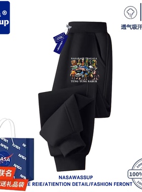 NASA联名山海经男童卫裤春秋冬款加绒百搭束脚运动裤儿童黑色长裤