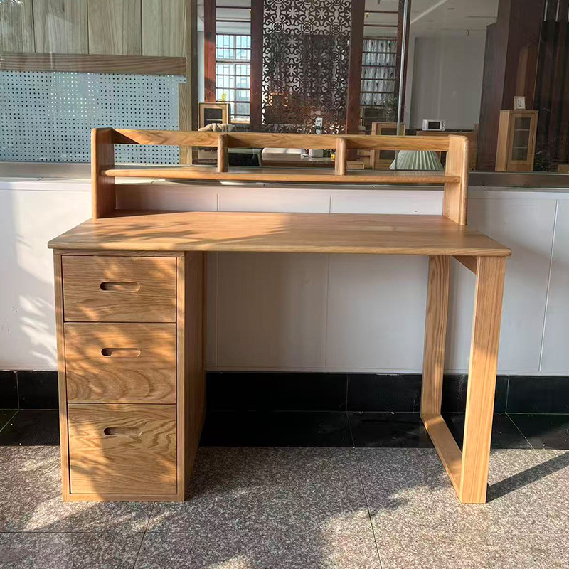 红橡木实木办工桌学习桌简约现代书桌带书架储物一体桌