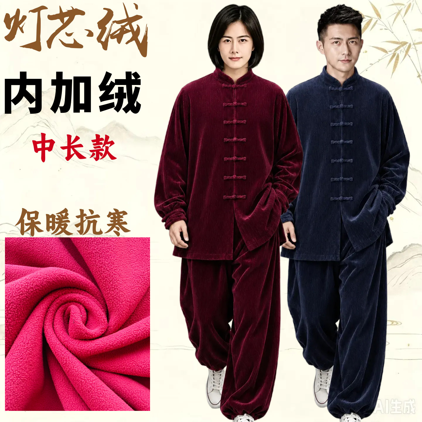 新款冬季太极服中长款女灯芯绒双层内加绒武术练功服男保暖表演服