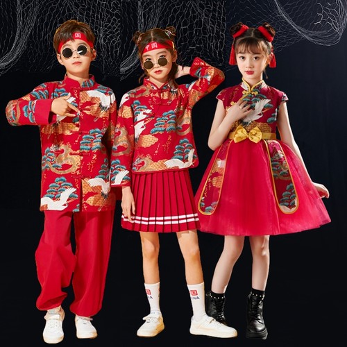 儿童中国风国潮红色表演服合唱服