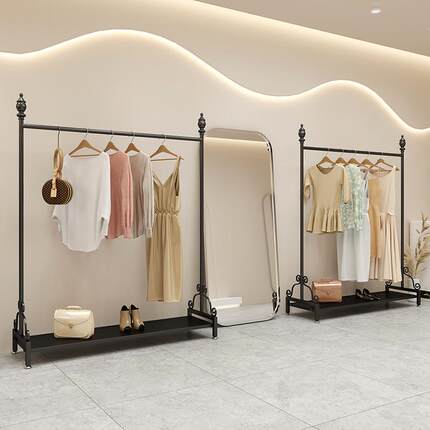 简约时尚服装店展示架黑色落地式服装货架子加粗男女挂衣架陈列架