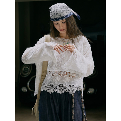 卢浮夏季新款法式气质蕾丝全棉水洗衬衫立体镂空柔软透气上衣女