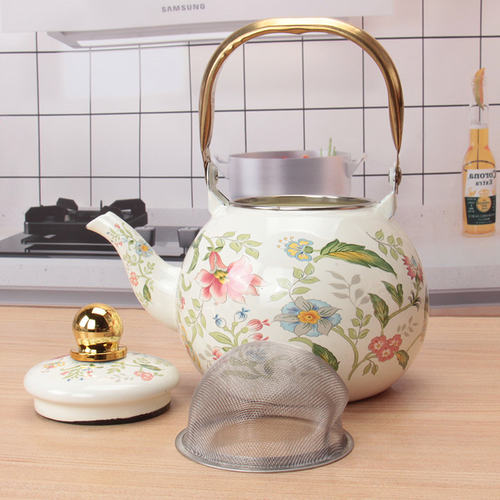 搪瓷冷水茶壶家用凉开装水壶耐高温可加热球形壶1.0L芳香带滤网