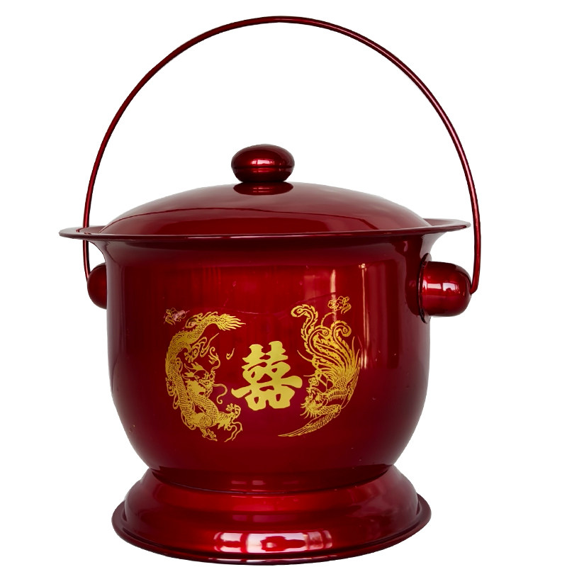 仿搪瓷烤漆婚庆用品铁痰盂酒红色龙凤喜高脚痰盂马桶带盖夜尿壶