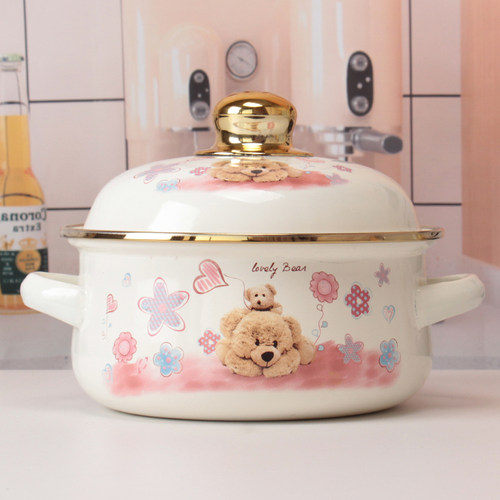 加厚搪瓷锅金边快乐熊锅泡面碗泡面锅平底电磁炉用耐高温可直烧