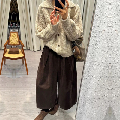 咖色弯刀气球裤绑带灯芯绒休闲裤