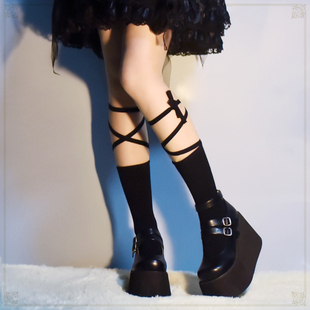 原宿暗黑系lolita亚文化绑带中筒袜朋克蒸汽哥特膝下袜黑色高帮袜