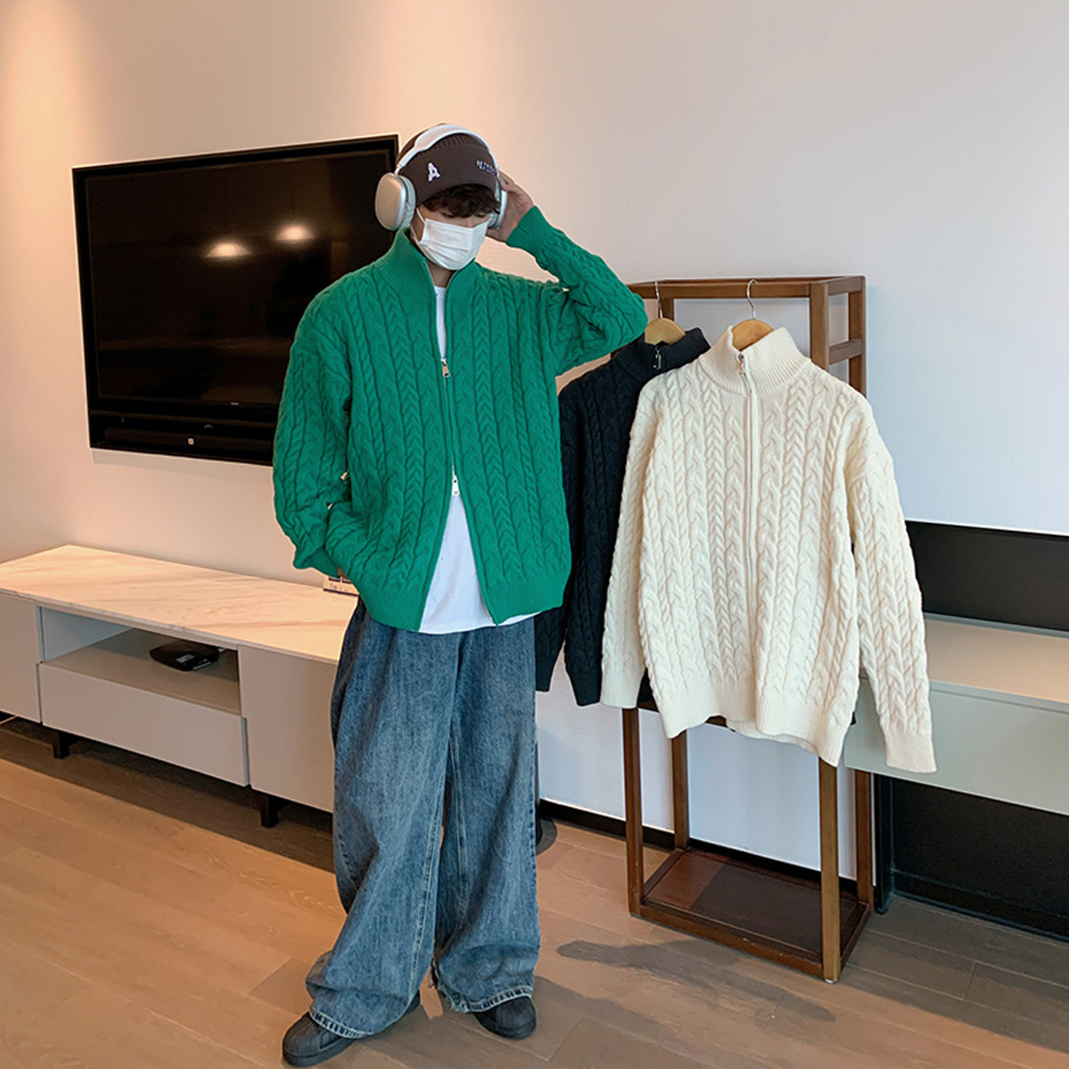 高领秋冬季新款开衫毛衣男生慵懒风羊毛衫宽松休闲提花针织衫外套