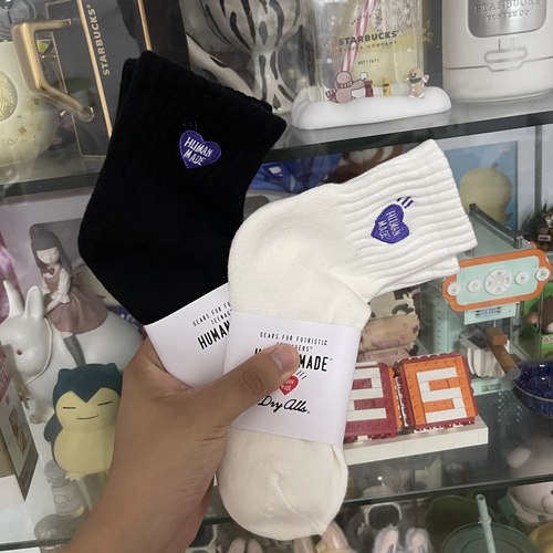 日潮HUMAN MADE紫色爱心刺绣袜子加厚毛巾底棉质中短筒运动潮袜