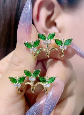 绿色银针一个耳洞带出三个耳洞2022年新款潮气质耳环高级感耳饰