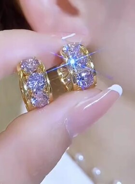 紫气东来紫色锆石耳扣简约百搭时尚小众ins精致网红爆款个性独特