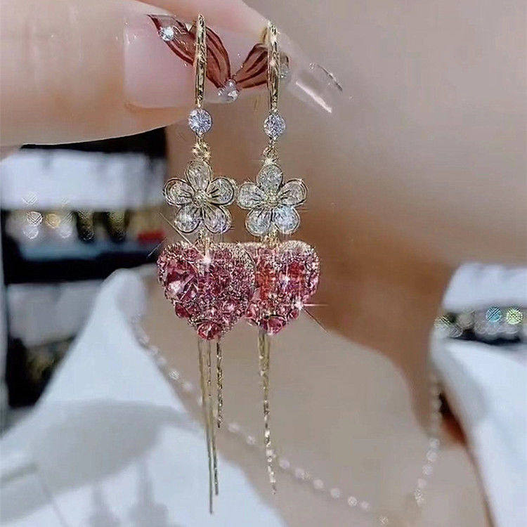 粉色花朵爱心流苏耳环女长款耳饰