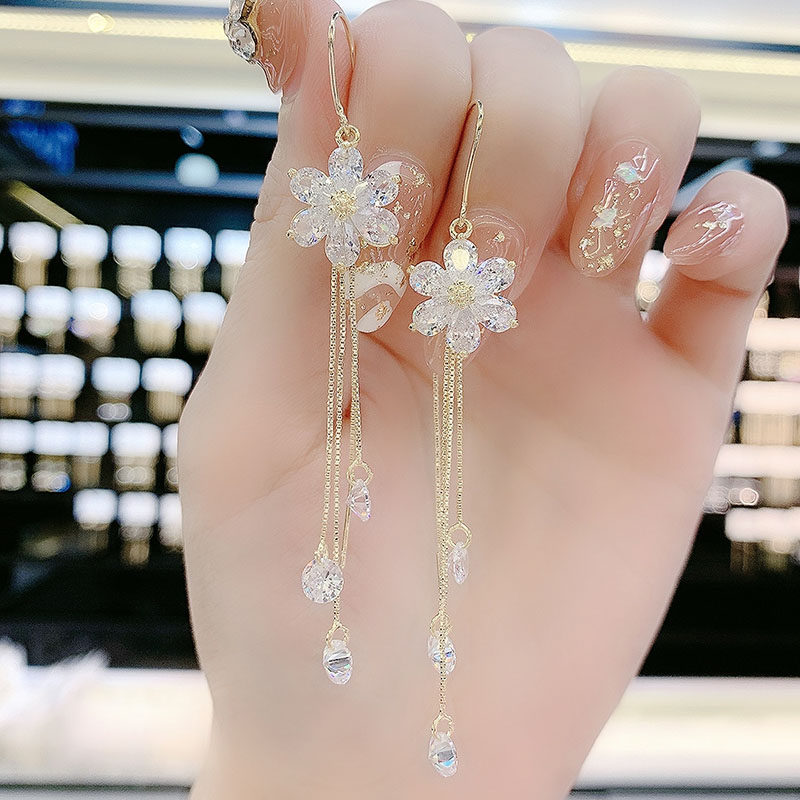 白色锆石花朵耳线耳环超仙气质