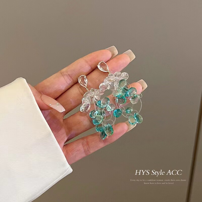 s925银针绿色水晶流苏花朵耳环