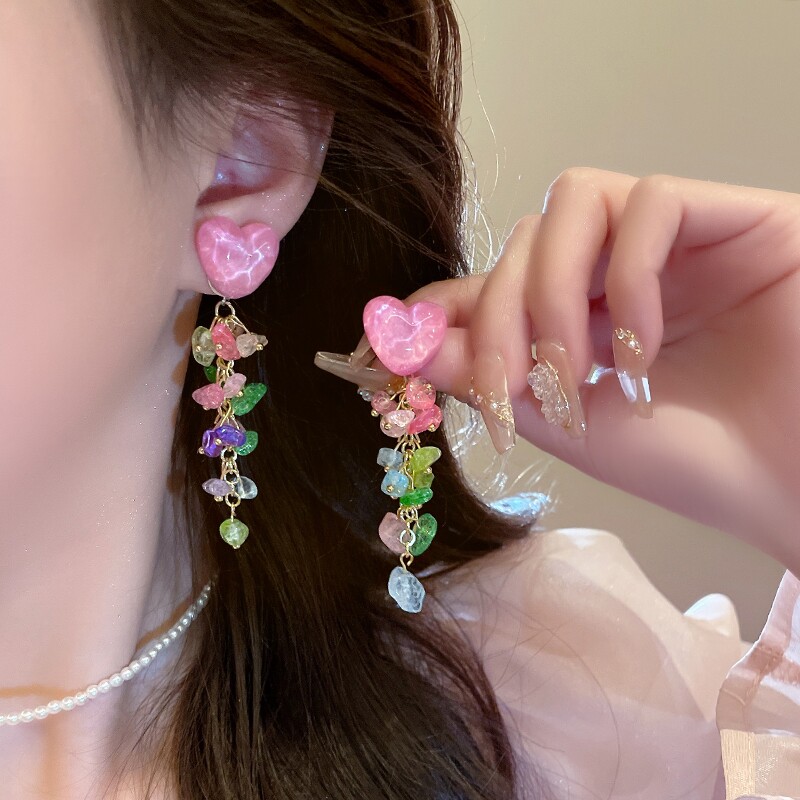 s925银针粉色爱心流苏长款耳钉
