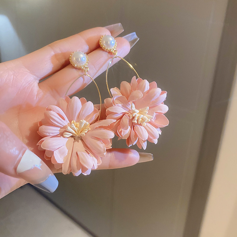 s925银针珍珠花朵森系个性耳饰品