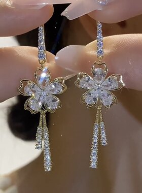 锆石五瓣花朵长款耳环女网红耳饰