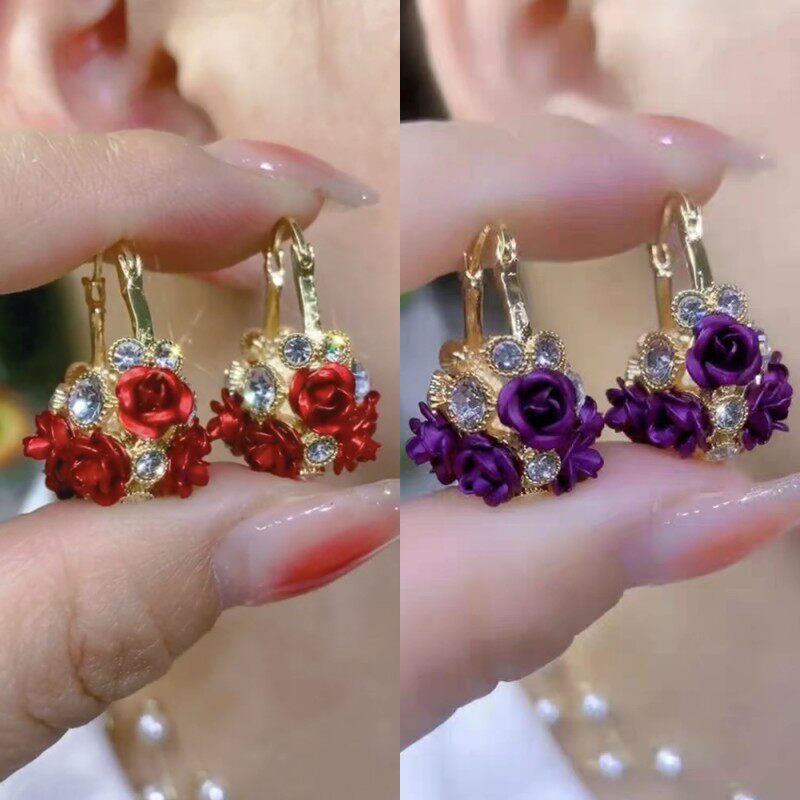 花篮耳扣时尚精美红色玫瑰花耳环