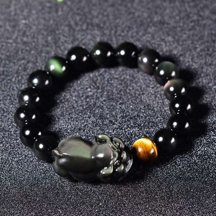 彩虹眼黑曜石发财猪多规格手串
