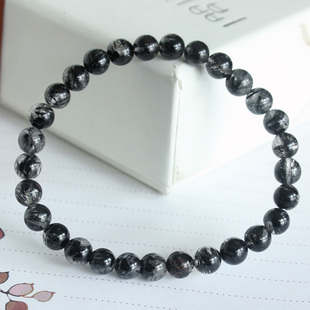 千蕊天然黑发晶手链 女款水晶手串6MM 黑碧玺发 晶体清透 实物