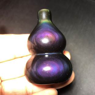 千蕊小号天然彩曜石小葫芦把玩黑曜石手把件彩虹眼福禄摆件实物