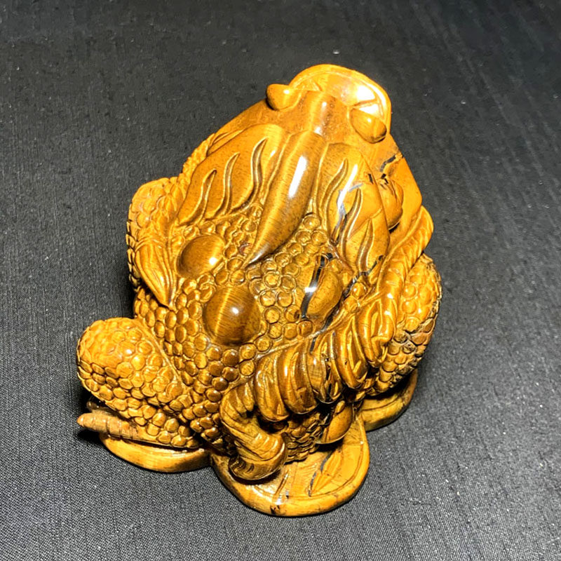 千蕊天然虎睛石三角蟾摆件虎眼石 黄虎石雕刻件 金蟾 三足蟾