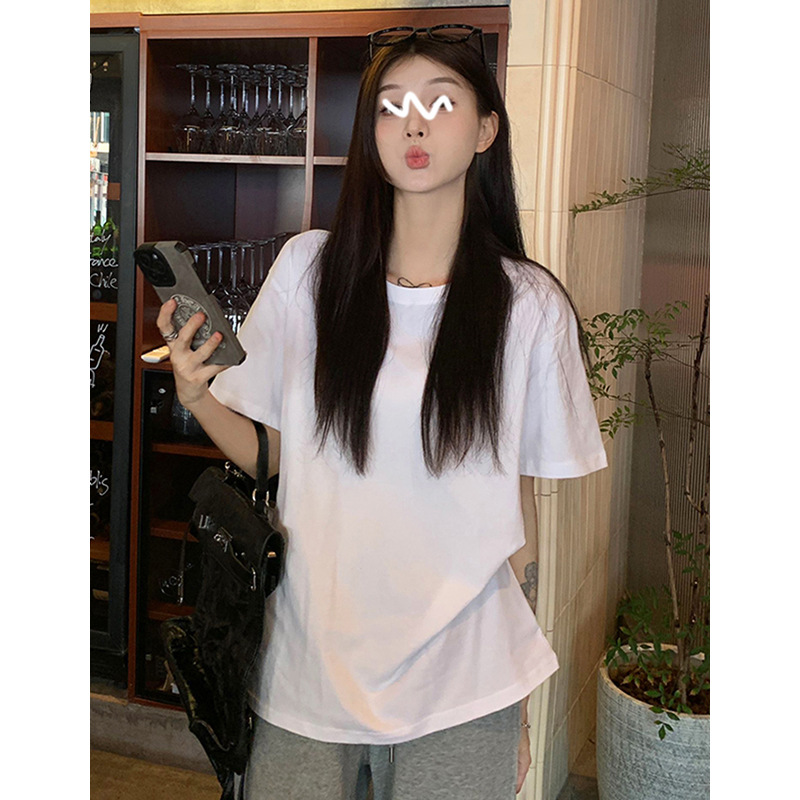 早春简约白色休闲基础款短袖T恤女夏慵懒风圆领宽松显瘦纯棉上衣