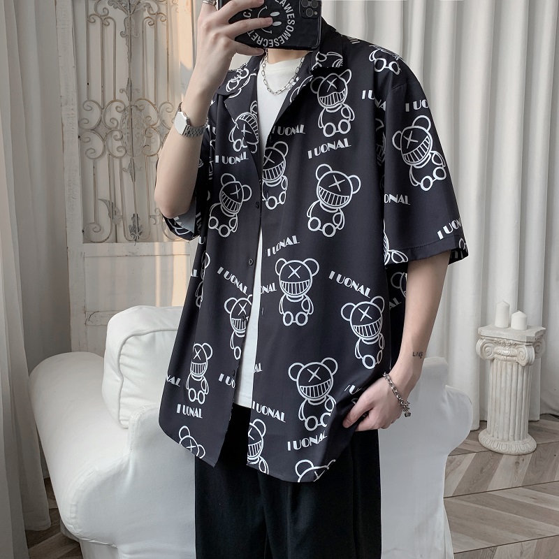 Trendy bear print shirt cool loose short sleeve shirt non iron