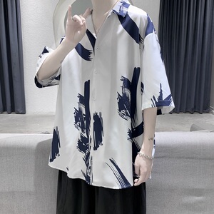 XZ-702-CS107P40港风复古印花百搭男生衬衣潮流衬衫图片