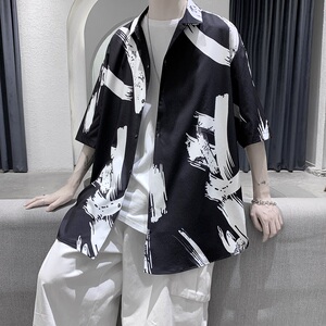 XZ-702-CS107P40港风复古印花百搭男生衬衣潮流衬衫图片