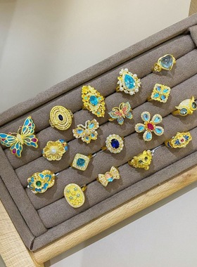 水贝黄金珐琅彩蝴蝶戒指足金拉丝活口蝴蝶黄金戒指镶嵌莫桑钻送礼