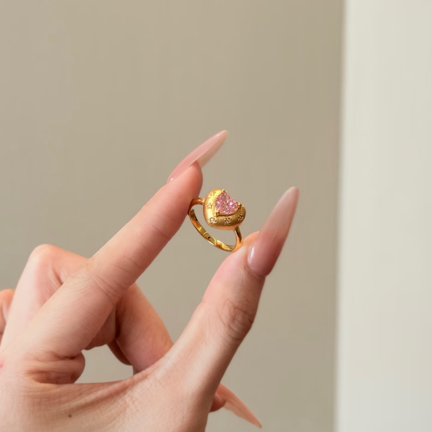 水贝黄金5D拉丝粉爱心戒指吊坠999足金时尚百搭高级感送女友礼物