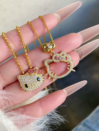 水贝足金999满天星哈喽kt猫咪黄金吊坠镂空满钻HelloKitty吊坠