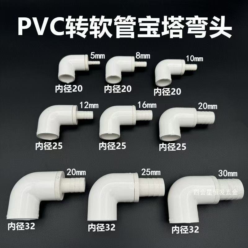 PVC变径弯头异径90度弯头大小直角弯PVC给水管转软管接头宝塔弯图片