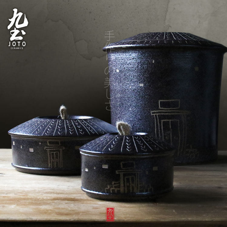九土手工茶叶罐景德镇陶瓷古朴个性土楼粗陶茶缸密封茶饼盒储物罐