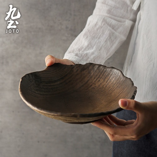 深盘复古窑变色粗陶不规则餐盘