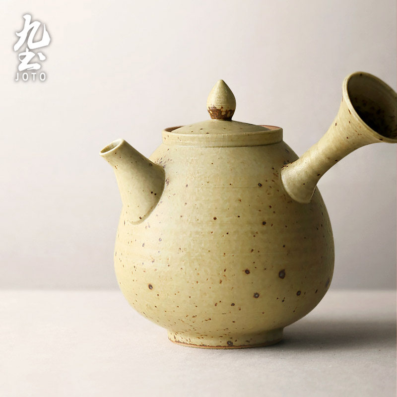 九土日式手工粗陶泡茶壶侧把手抓单壶禅意复古陶瓷功夫茶具带过滤