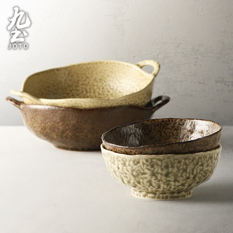 九土手工复古双耳碗家用米饭碗