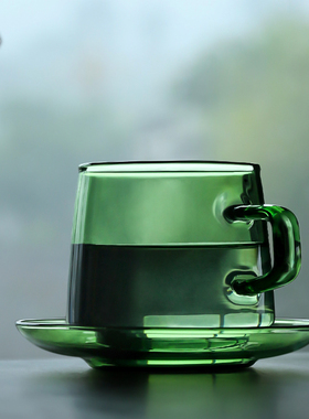 九土家用耐热玻璃咖啡杯碟高硼硅水杯复古下午茶杯带把手牛奶杯子