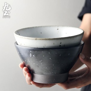 手工粗陶大容量汤面碗大面碗家用复古高脚碗加厚土碗可微波 日式