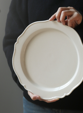 九土花瓣陶瓷复古花边米其林盘子釉下彩平盘餐具餐盘白色平盘花边