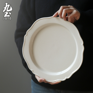 九土花瓣陶瓷复古花边米其林盘子釉下彩平盘餐具餐盘白色平盘花边