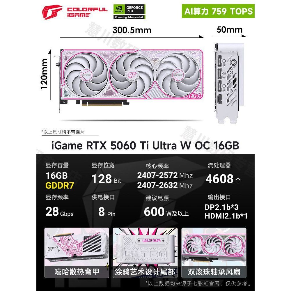 七彩虹 RTX 5060Ti ULTRA W OC 16G大显存 电脑显卡 全新未拆国行图片