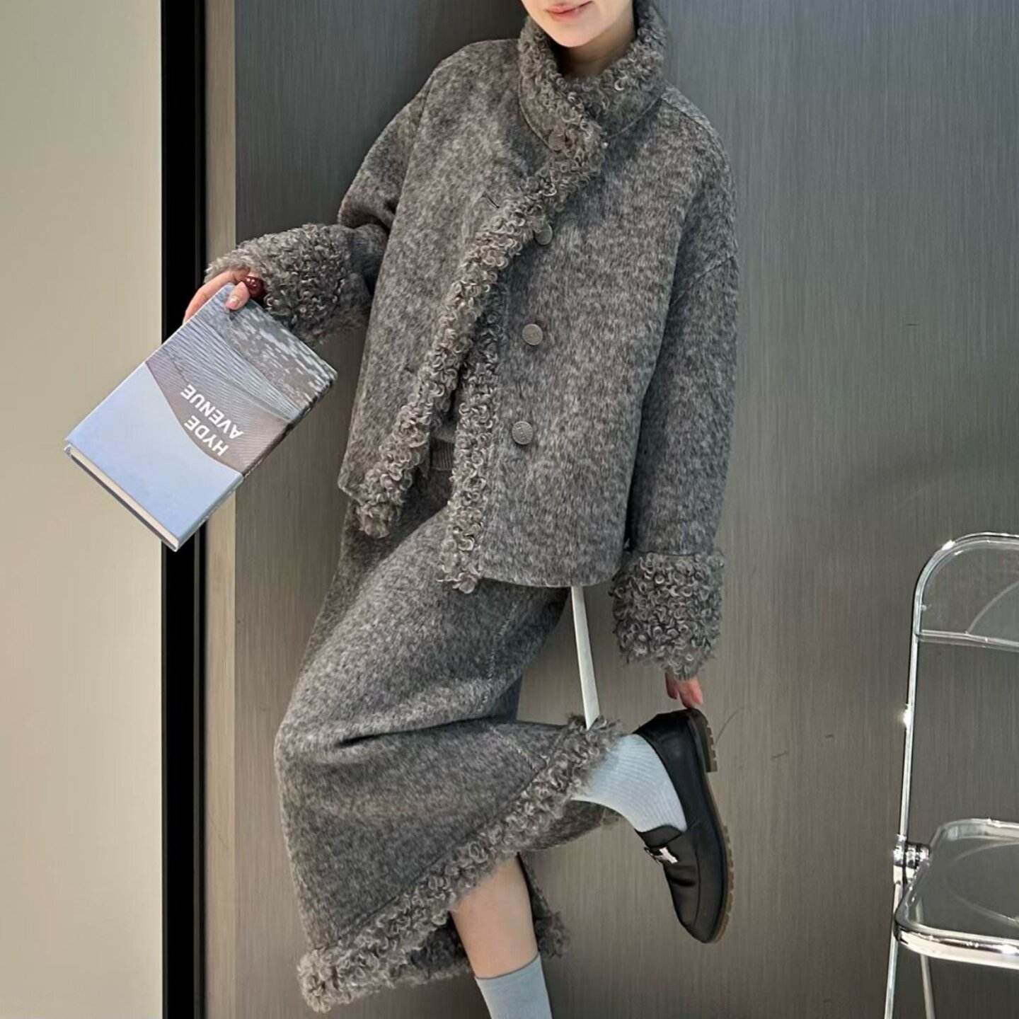 高级灰羊绒羊毛双面呢两件套装女