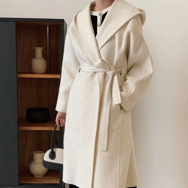 韩版连帽双面羊绒大衣女秋冬新中长款通勤宽松慵懒系带毛呢外套潮